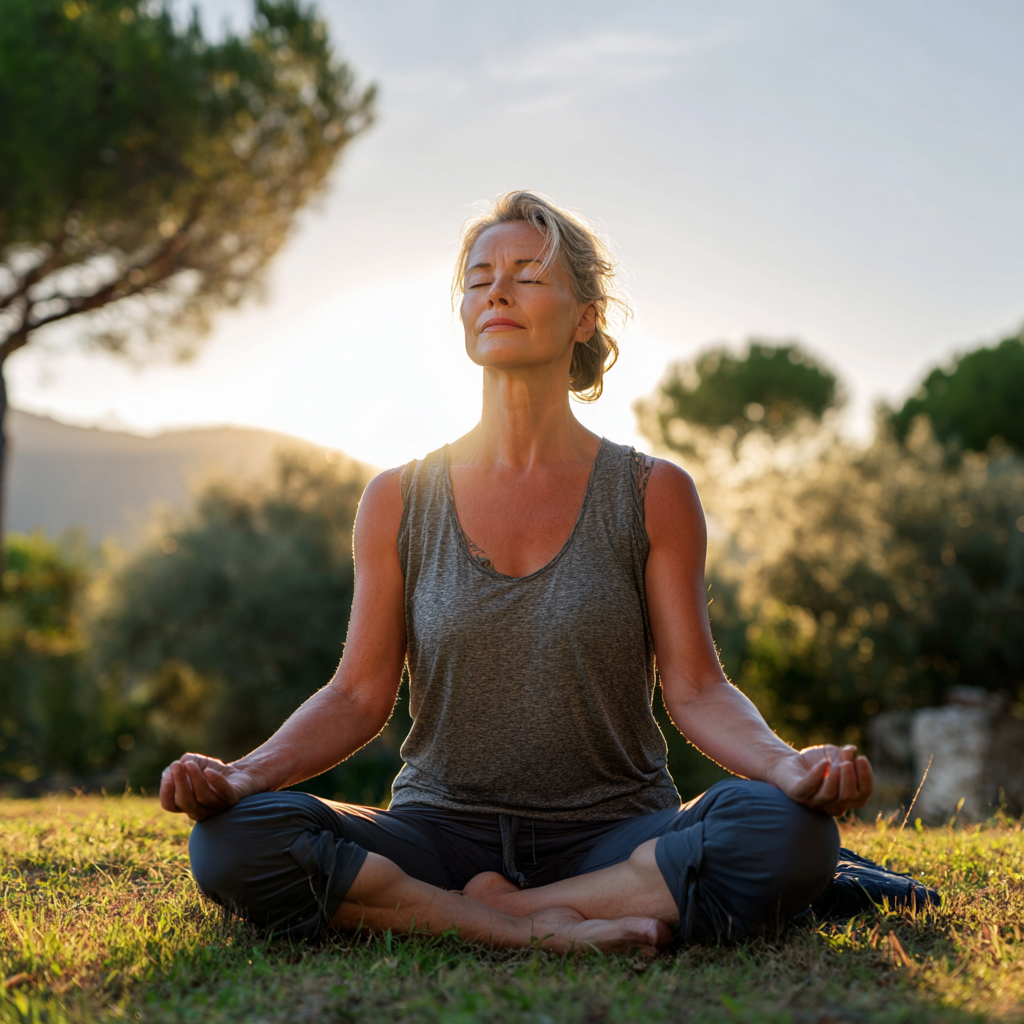 Peaceful middle-aged woman practicing yoga in serene natural setting