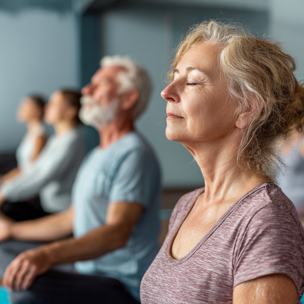 Serene older adults practicing gentle yoga poses in peaceful studio environment